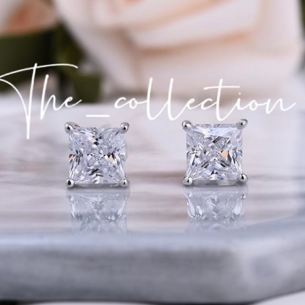 DIAMOND PRINCESS CUT STERLING SILVER STUD EARRINGS